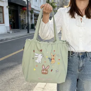 Borsa tote in tela con coniglio ricamato carino coreano, grande capacità borsa casual.
