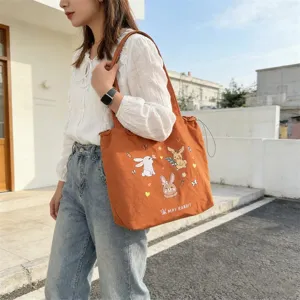 Borsa shopper in tela con ricamo di coniglio stile coreano grande capacità per studenti.