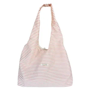 Pink striped canvas shoulder bag, casual large capacity tote handbag for women daily use.