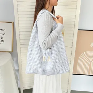 Casual blauw-witte ruitjes shopper tas met grote capaciteit, stijlvolle schoudertas.