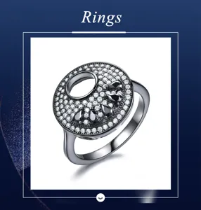 Detailansicht des runden 925er Silber Zirkonia Rings mit schwarzen birnenförmigen Steinen.