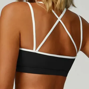 Detailansicht der schwarzen Damen Sport BH Yoga Oberbekleidung mit kreuzenden Trägern.