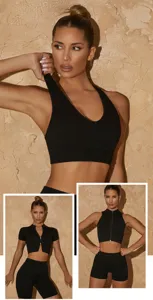 Γυναικείο αθλητικό σετ γιόγκα fitness crop top και σορτς μαύρο ριμπ casual ρούχο
