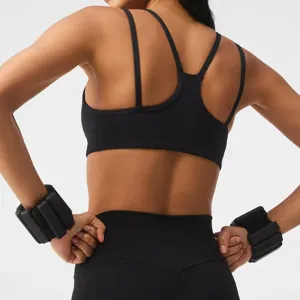 Women black sports bra fitness yoga set running workout athletic apparel back design gym activewear