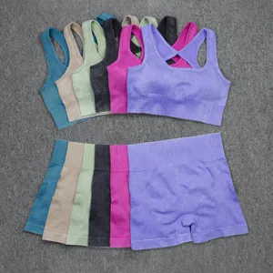 Seamless rib workout set sports bra and high waist fitness shorts activewear 2-piece