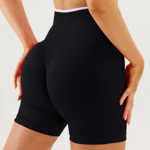 Black high-waisted seamless fitness yoga shorts for women, athletic contour activewear.