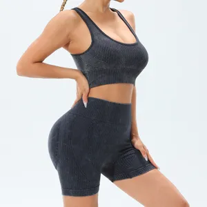 Seamless acid wash fitness yoga set featuring a comfortable sports bra and high waist shorts.