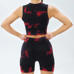Tie-dye women yoga activewear set featuring a ribbed crop vest and fitted shorts for fitness.
