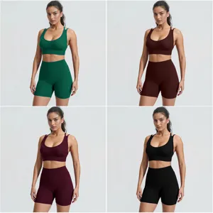 Ribbed yoga set detail view showing sports bra and high-waisted shorts in multiple colors.