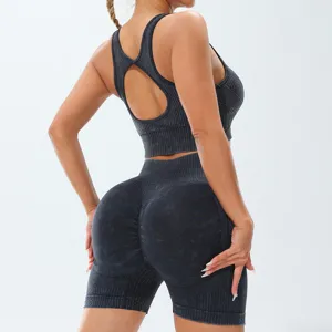 Seamless acid wash yoga crop top and high waist butt lift biker shorts set detail view