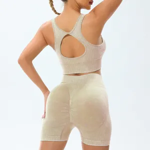 Seamless ribbed workout crop top and high waist booty lift shorts athletic fitness set back view