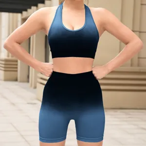Gradient sports bra and shorts detail view, featuring moisture wicking stretch gym activewear set.