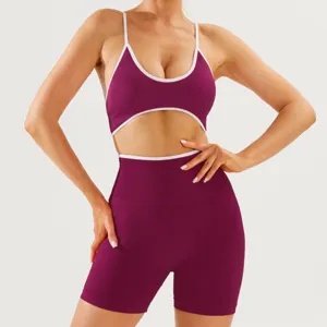Women maroon athletic workout set with white trim high waist activewear yoga shorts active