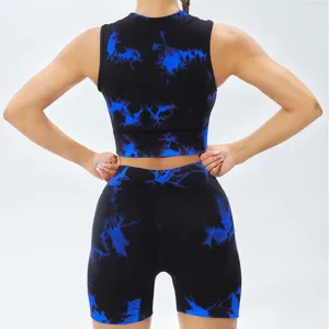 Tie-dye workout tank top and shorts set detail, ribbed seamless athletic activewear back view.