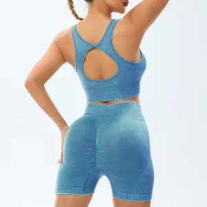 Seamless acid wash yoga activewear detail, racerback sports bra and high waist shorts back view.