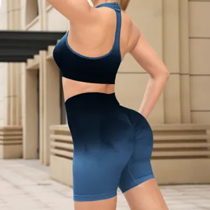 Gradient yoga set detail, racerback sports bra and butt lifting shorts for fitness and gym.