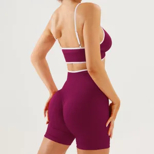 Back view detail shot of maroon seamless sports bra and high waist fitness shorts set.