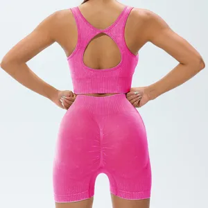 Seamless washed peach hip yoga shorts and sports bra set, high waist fitness two piece.