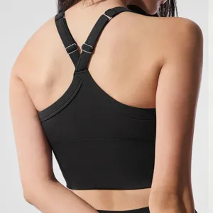 Zwarte geribbelde sportbeha met kruisrug voor dames fitness yoga training topje.