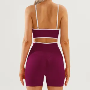 Detailed view of the women's colorblock sports bra and active shorts set, back design.