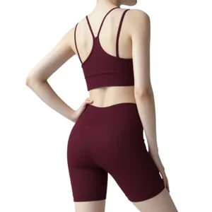 Women ribbed yoga set backless sports bra and high waist fitness shorts wine red.