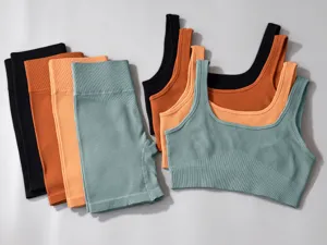 Nahtlose gerippte Yoga-Shorts und Sport-BH Detailansicht für Fitness- und Gymnastikbekleidung.