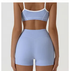 Back view of a nude-feeling tight sports yoga bra and high waist shorts set for fitness running.