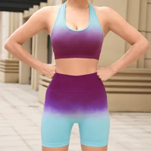 Detail view of the gradient sports bra and fitness shorts set, highlighting fabric and color.