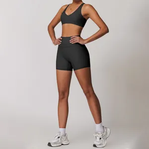 Damen nahtloses Fitness Yoga Set Sport Top hohe Taille Sport Shorts Trainingsanzug
