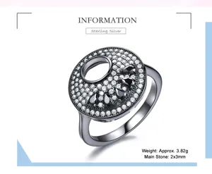 Detailansicht des 925er Sterlingsilber Zirkonia Kreisrings mit schwarzen Edelsteinen.
