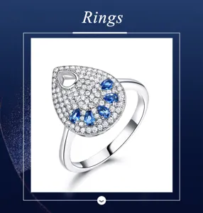 Detailansicht des 925 Sterling Silber Rings mit tropfenförmigen blauen Zirkonia Steinen.