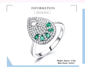 Echtsilber Tropfen Ring mit Zirkonia Besatz und grünen Schmucksteinen im edlen Vintage Design.