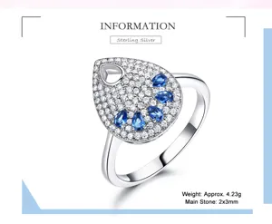 Eleganter 925 Silber Ring in Tropfenform mit Zirkonia und blauen Steinen im Detail.