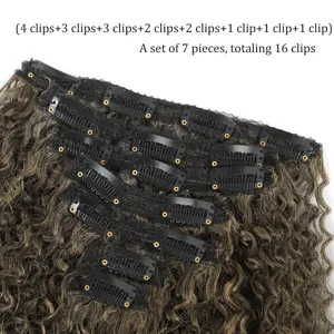 Extensions de Cheveux Synthétiques pour Femmes Kinky Curly Clip In Postiches Ombre Brun Noir Dégradé Fibre Résistante À La Chaleur Postiche Quotidien Fête