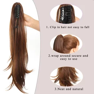 Bruine synthetische haar paardenstaart extensie met klauwclip, lang golvend haarstuk voor dames.