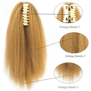Synthetic yaki straight claw clip ponytail hair extension detail view showing texture.