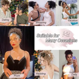 Curly hair bun extension synthetic messy updo hairpiece detail showing various occasion styles.
