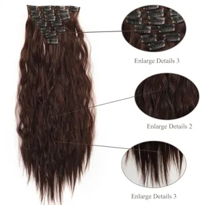 Extension di capelli sintetici marroni clip ricci 50cm parrucca finta ondulata completa
