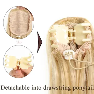 Detailed close-up view showing the internal claw clip and drawstring ponytail design.