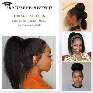 Detail view of synthetic claw clip ponytail hair extension, showing multiple wear styles and textures.