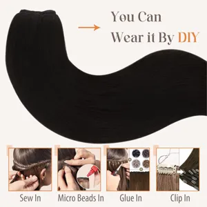 Vue détaillée d'extensions de cheveux noirs lisses montrant les méthodes de pose DIY.
