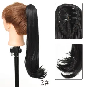 Synthetic claw clip ponytail wig medium long wavy hair piece dark brown color detail view