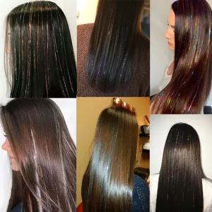 Détails en gros plan d'extensions de cheveux scintillantes aux effets laser métalliques.