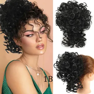Curly wavy hair bun extension detail showing synthetic fiber texture and fluffy drawstring design.
