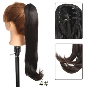 Synthetic wavy claw clip ponytail hair extension medium length dark brown shade detail.