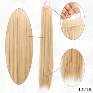 Synthetic long straight ponytail extension detail view showing hair texture and elastic band.