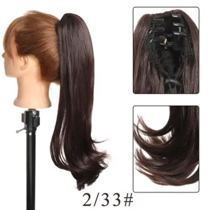 Synthetic wavy claw clip ponytail hair extension medium long brown wig for daily use