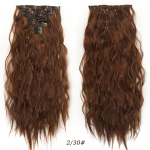 Dettagli di extension di capelli sintetici ondulati marroni con clip, circa 50cm.