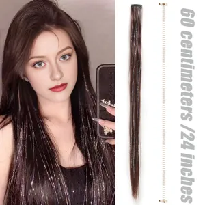 longue extension de cheveux 60cm tinsel clip coloré synthétique mèche laser brillante de luxe
