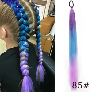 Synthetic gradient hair extension detail showing blue and purple braids with secure hair tie.